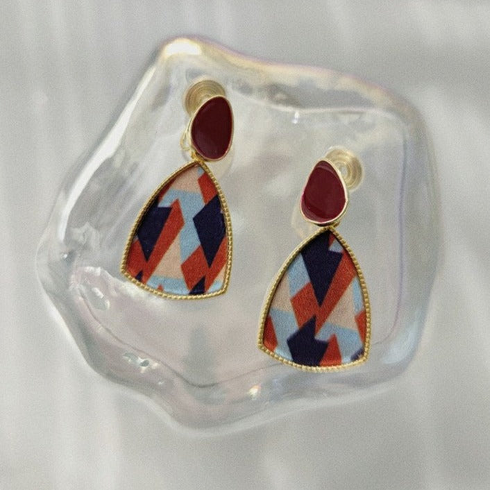 复古布艺撞色耳夹 Vintage Contrast Color Long Clip On Earring
