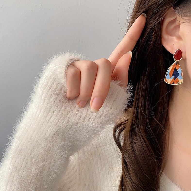 复古布艺撞色耳夹 Vintage Contrast Color Long Clip On Earring