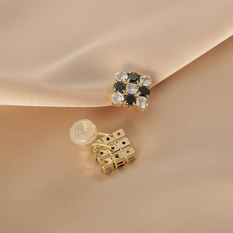 高级感棋盘格锆石耳夹 Clip On Earring