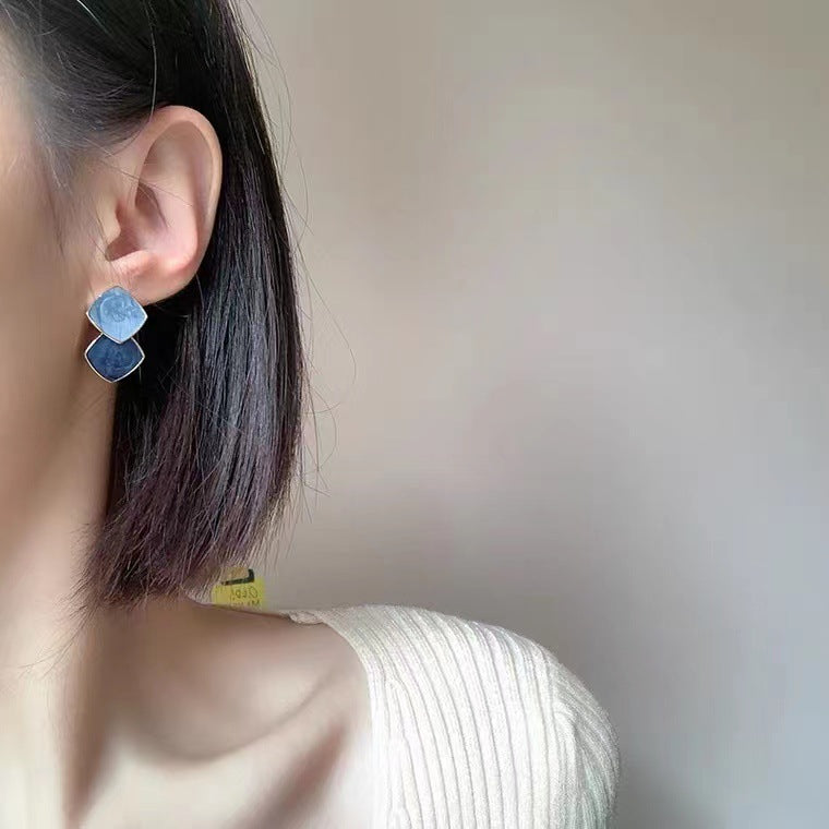 雾霾蓝拼色法式气质耳夹 Clip On Earring