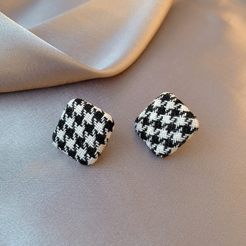 方形黑白千鸟格布艺耳夹 Clip On Earring