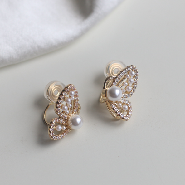 镂空珍珠蝴蝶耳夹 Sweet Butterfly Pearl Clip On Earring