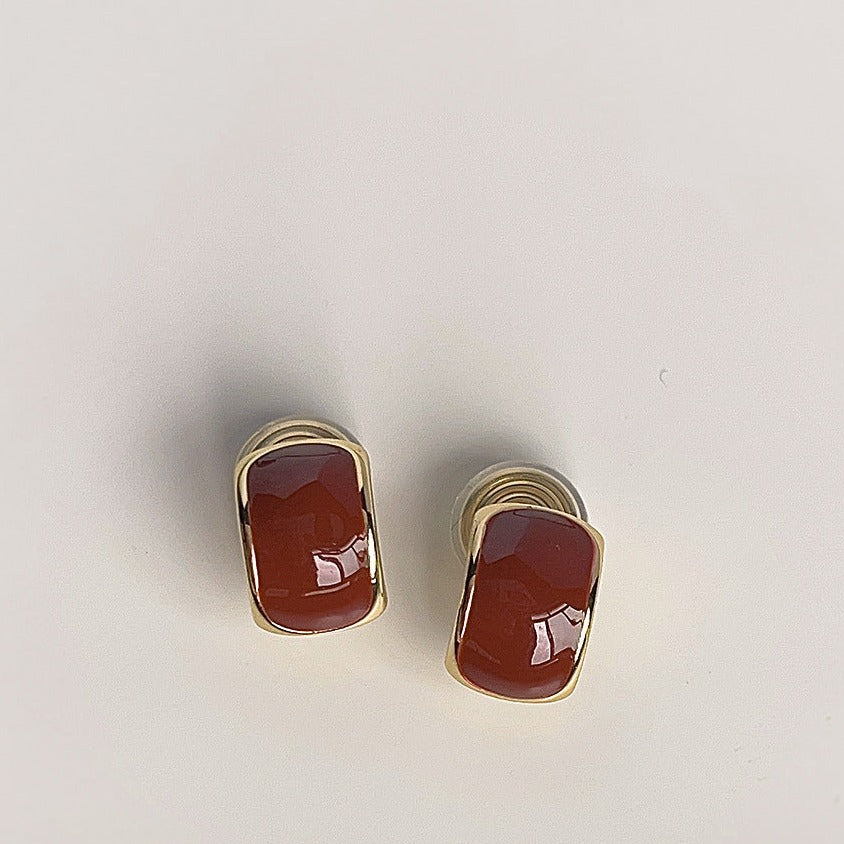 酒红弧形滴釉耳夹 Clip On Earring