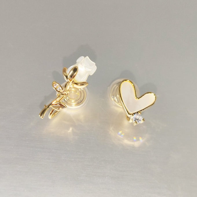 不对称贝母爱心玫瑰耳夹 Asymmetric Clip On Earring
