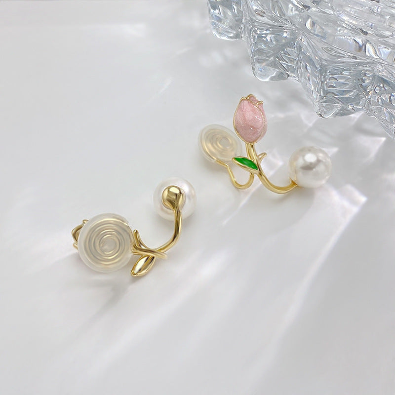 粉色郁金香珍珠耳夹 Pink Tulip Pearl Clip On Earring