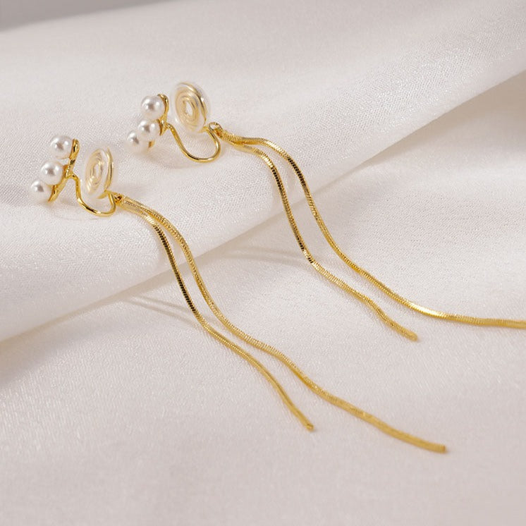 迷你排珠流苏长款耳夹 Mini Pearl Long Tassel Clip On Earring