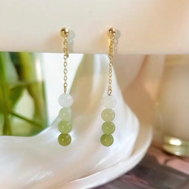 Green Bead Long Tassel Clip On Earring 国风绿珠流苏耳夹
