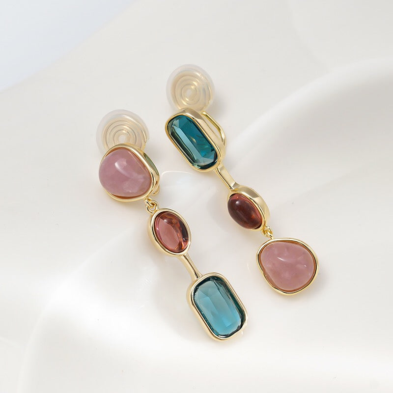 不对称彩色宝石耳夹 Asymmetric Gemstone Clip On Earring
