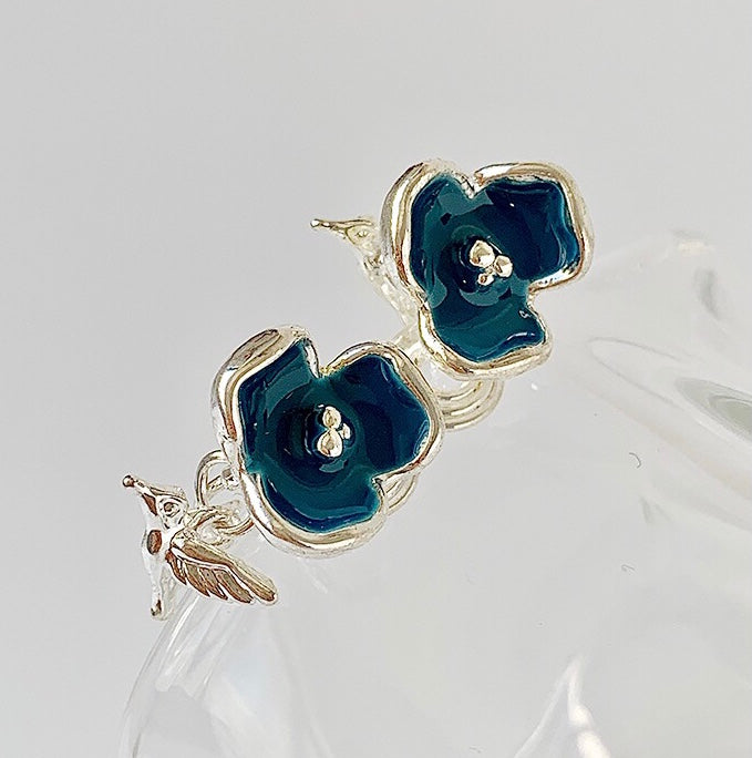 法式蓝花飞鸟耳夹 Blue Flower with Bird Clip On Earring