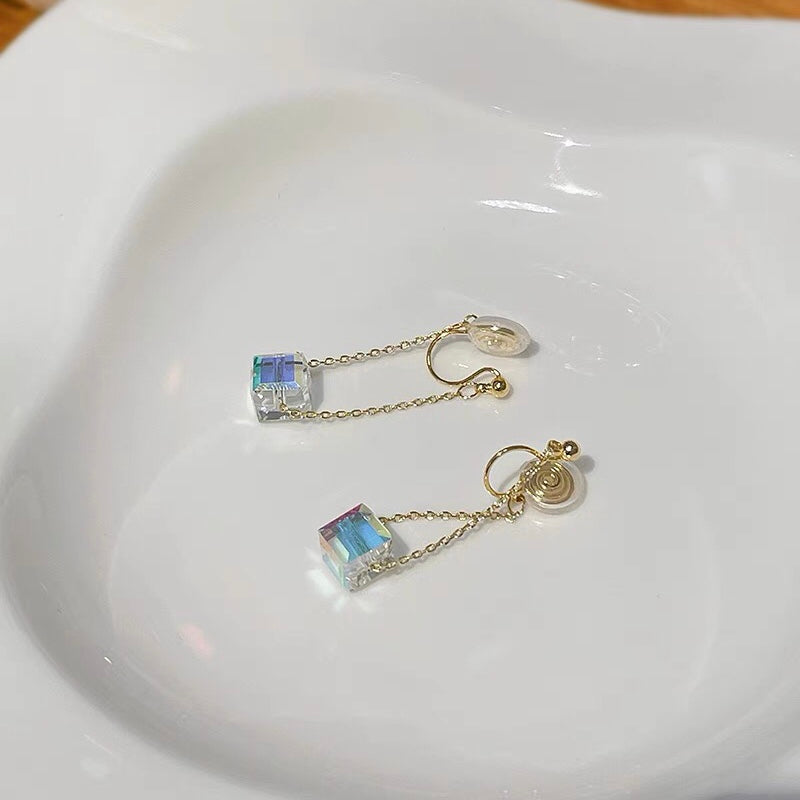 水晶方糖吊坠耳夹 Crystal Sugar Cube Clip On Earring