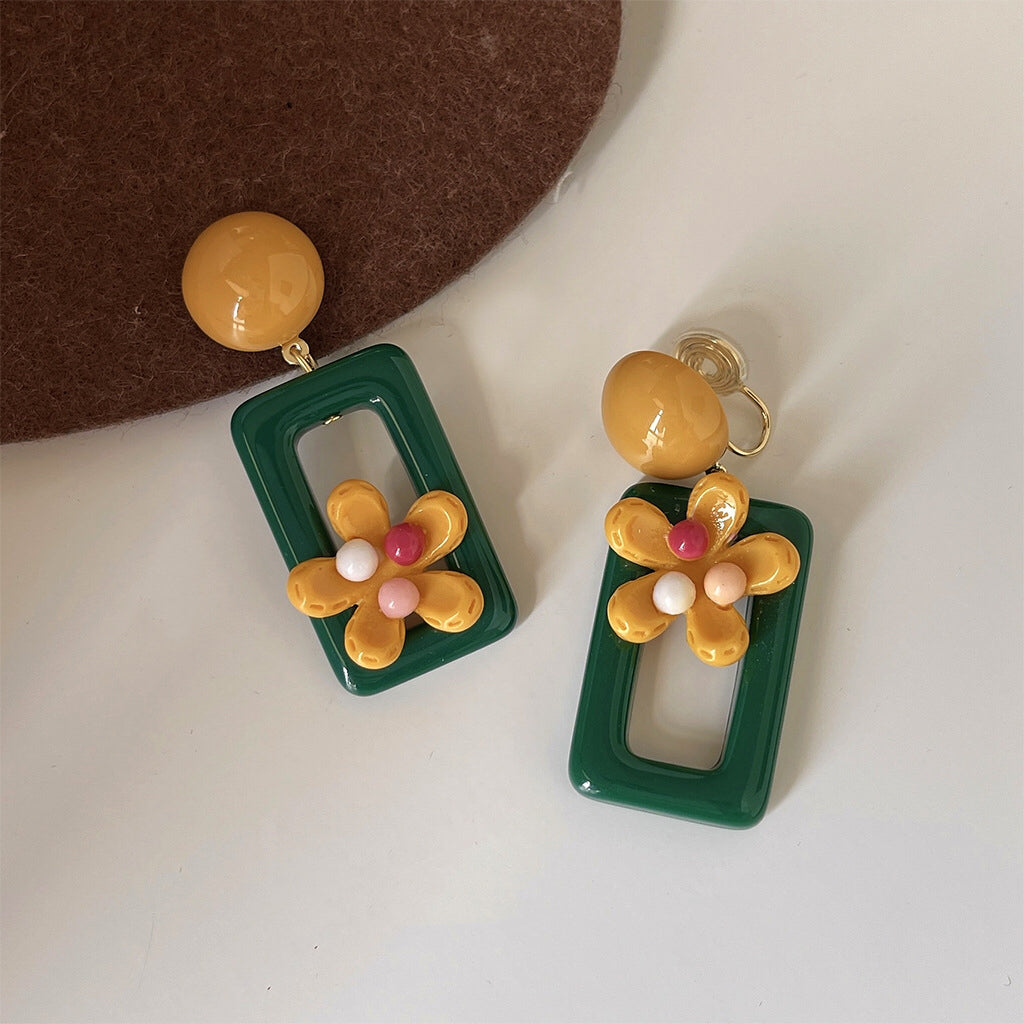 森系不对称方形花朵耳夹 Asymmetric Clip On Earring
