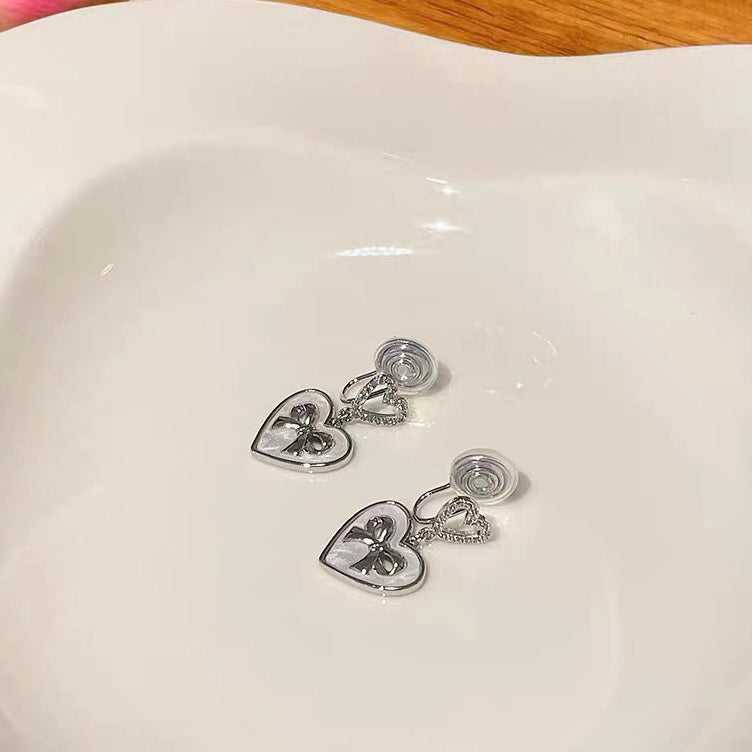 Silver Heart Bow Zircon Clip On Earring 爱心蝴蝶结甜酷耳夹