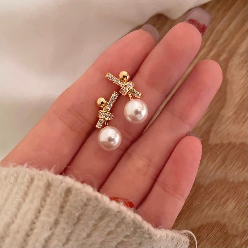 法式锆石打结珍珠耳夹 Clip On Earring