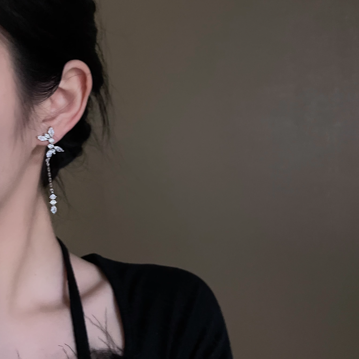 长款流苏锆石耳夹 Zircon Tassel Clip On Earring