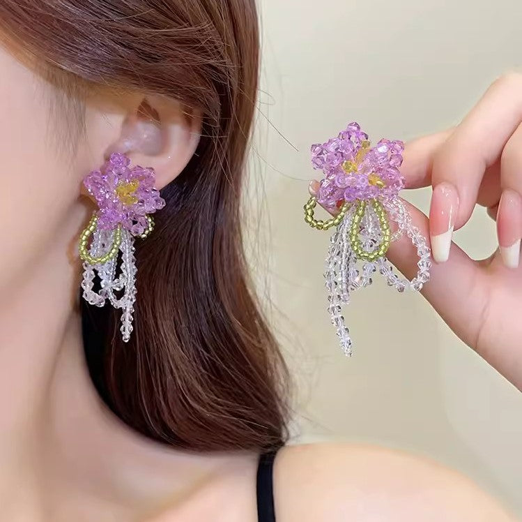 手工水晶串珠流苏耳夹 Clip On Earring