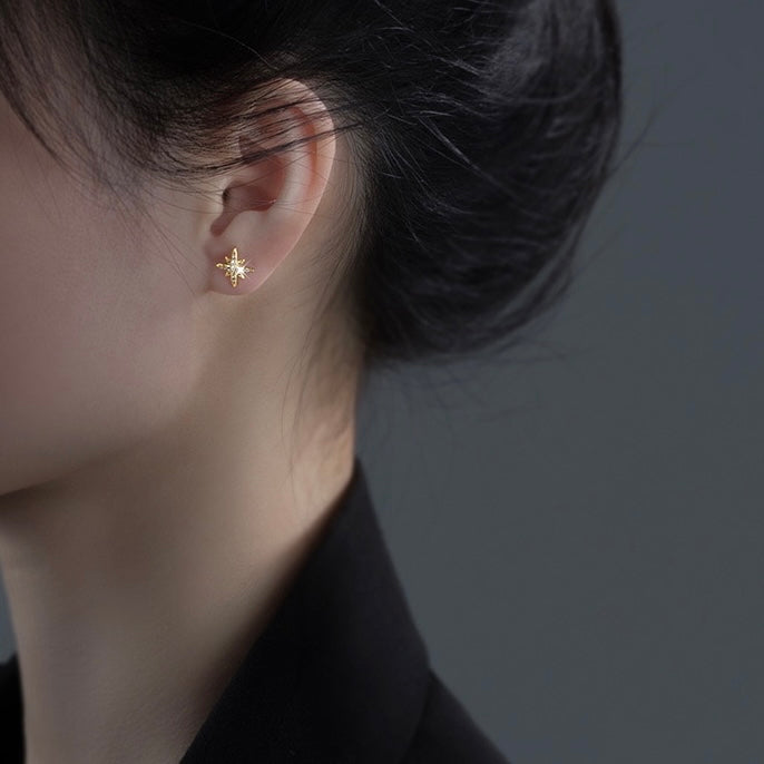 **店主强推**金/银不对称锆石八芒星耳夹 Clip On Earring