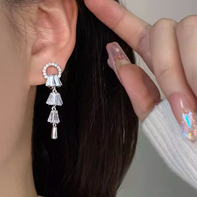 超闪锆石长款流苏耳夹 Zircon Long Tassel Clip On Earring