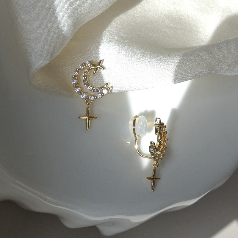 💖店主强推💖十字星月亮锆石耳夹 Cross Star Moon Zircon Clip on Earring