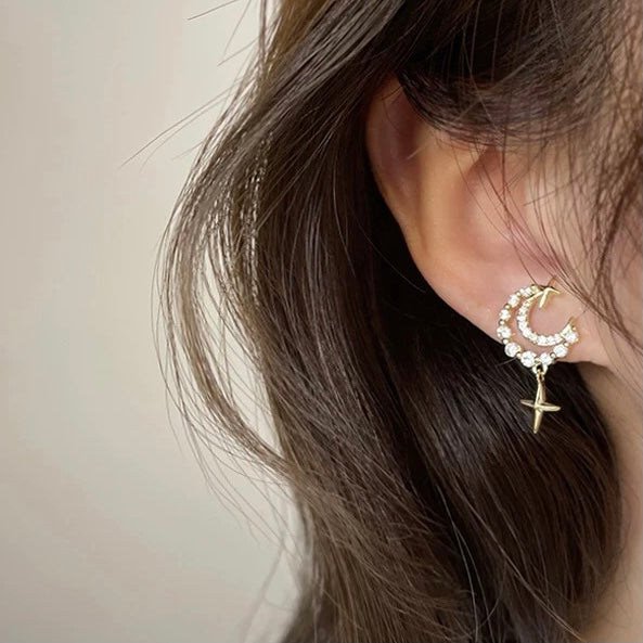 💖店主强推💖十字星月亮锆石耳夹 Cross Star Moon Zircon Clip on Earring