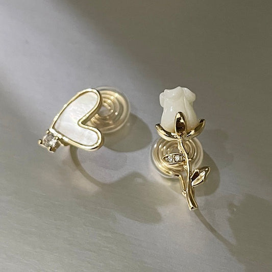 不对称贝母爱心玫瑰耳夹 Asymmetric Clip On Earring