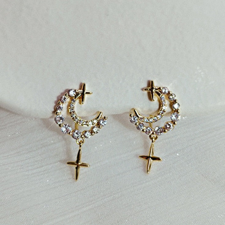 💖店主强推💖十字星月亮锆石耳夹 Cross Star Moon Zircon Clip on Earring