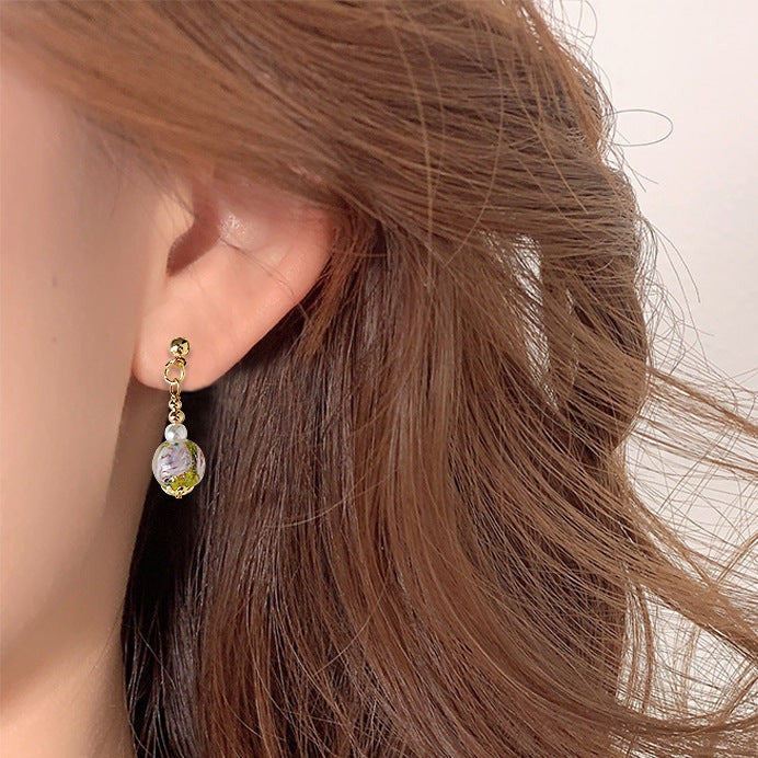 七彩琉璃花吊坠耳夹 Clip On Earring