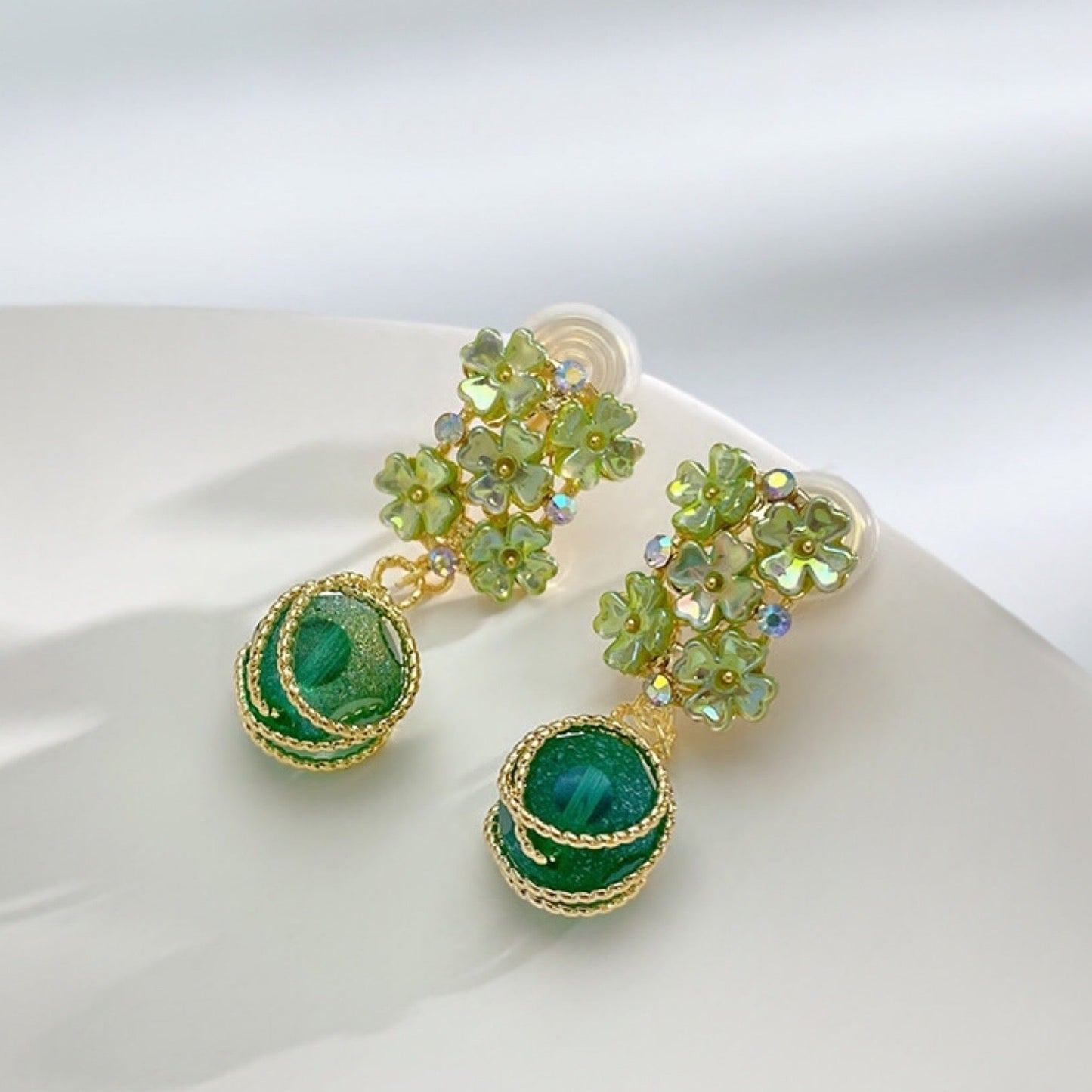 Green Flower Long Clip On Earring 国风绿色花朵耳夹