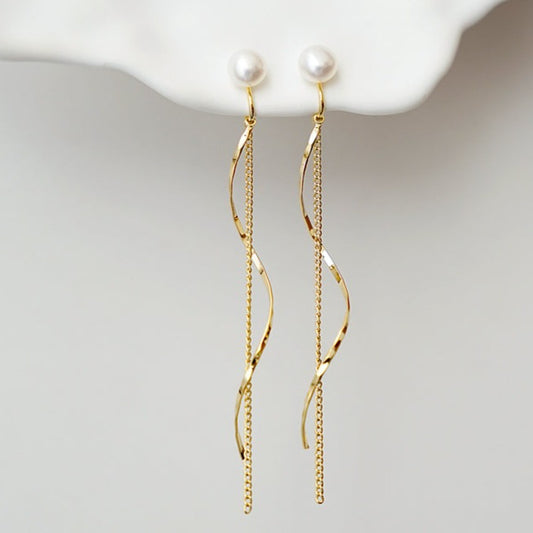 长款流苏珍珠耳夹 Long Tassel Pearl Clip On Earring