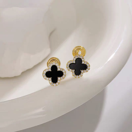 四叶草锆石耳夹 Green/Black Four-leaf Clover Zircon Clip On Earring