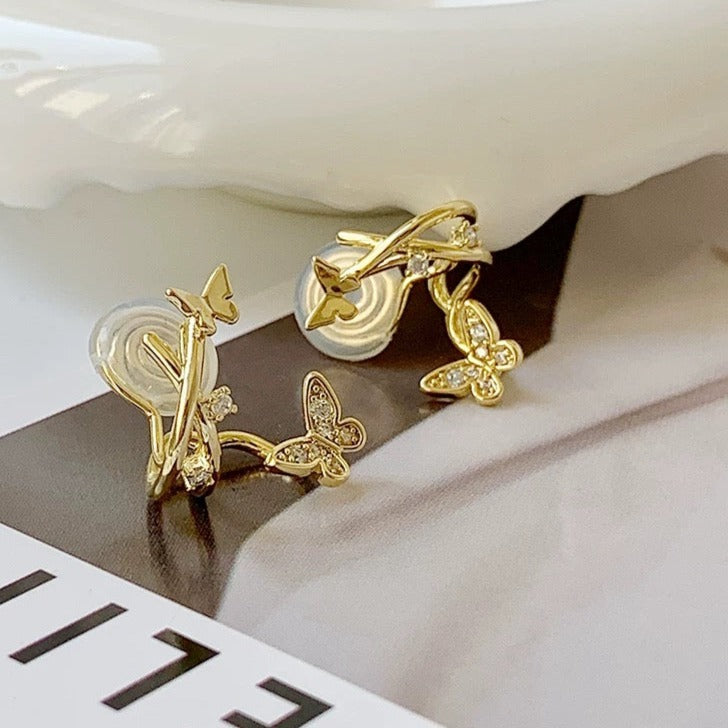 金/银蝴蝶弯钩气质耳夹 Butterfly Zircon Clip On Earring