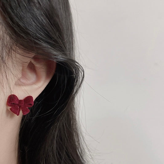 酒红丝绒蝴蝶结耳夹 Clip On Earring