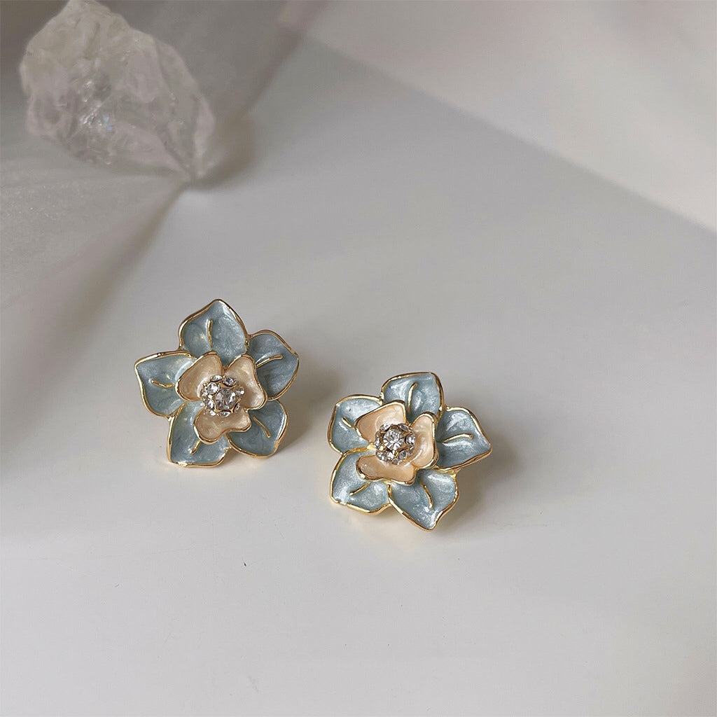 滴釉油画花朵耳夹 Blue Camellia Clip On Earring