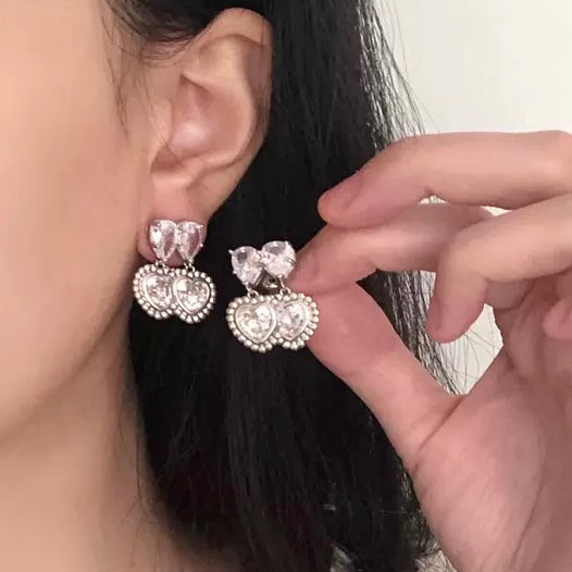 双爱心超闪锆石耳夹 Clip On Earring