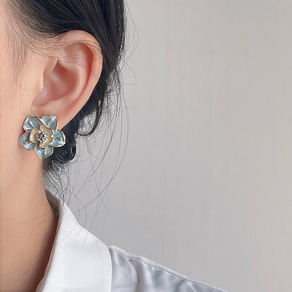 滴釉油画花朵耳夹 Blue Camellia Clip On Earring