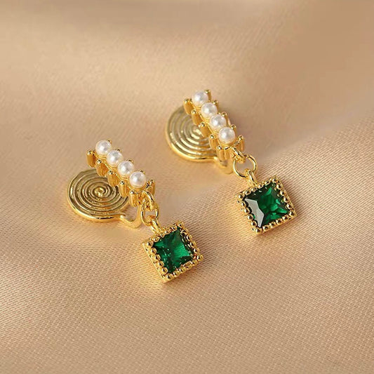 Dark Green Zircon Pearl Clip On Earring 祖母绿锆石珍珠高级感耳夹