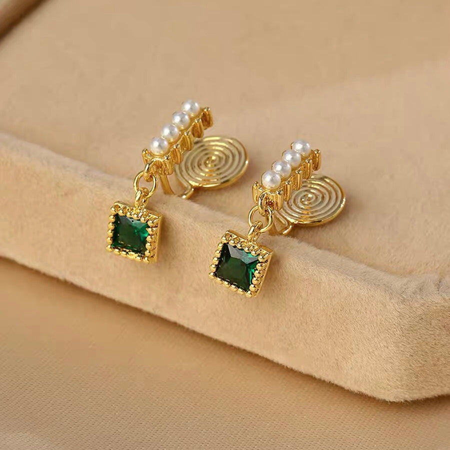 Dark Green Zircon Pearl Clip On Earring 祖母绿锆石珍珠高级感耳夹