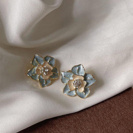 滴釉油画花朵耳夹 Blue Camellia Clip On Earring