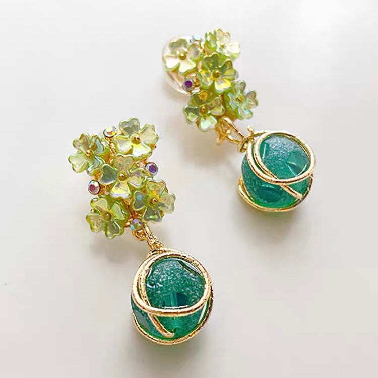 Green Flower Long Clip On Earring 国风绿色花朵耳夹